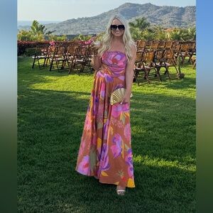 Farm Rio Embroidered Flower Top Linen-Blend Maxi Dress